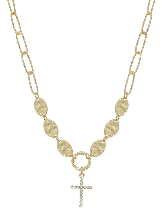 Gold Chain with Hammered Circles and Rhinestone Cross 16