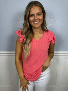 Coral ribbed ruffle strap top