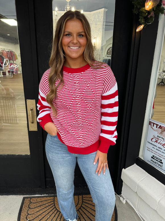 Red & white combo stripe sweater