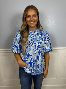 Blue floral puff sleeve blouse