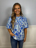 Blue floral puff sleeve blouse