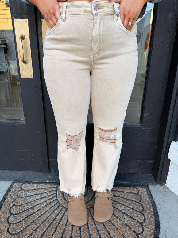 Distressed cropped flares- sand beige