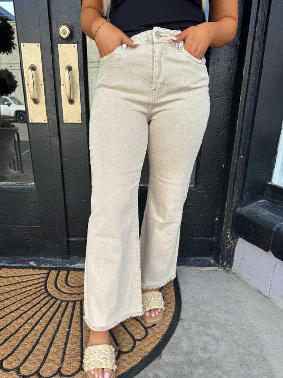 Beige cropped flare jeans