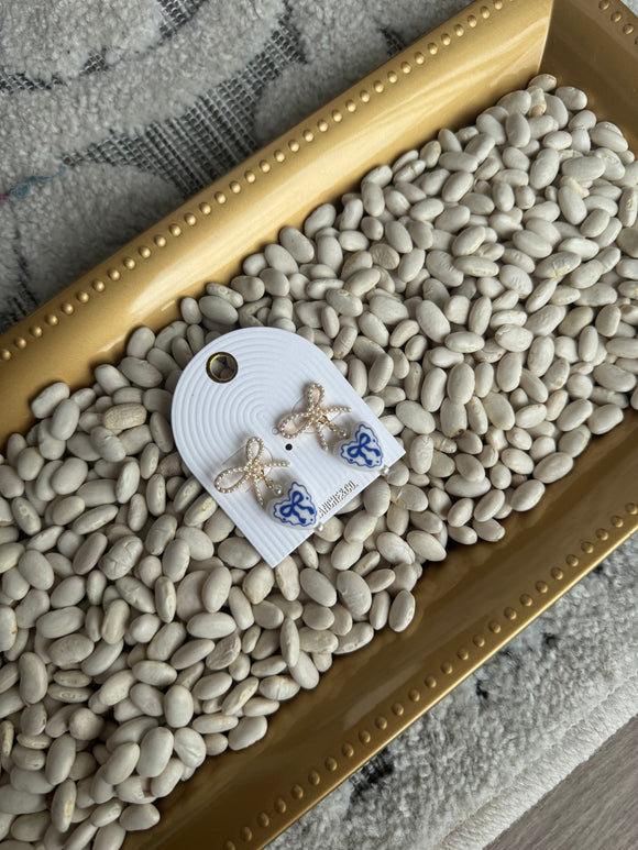 Blue & white heart bow earrings