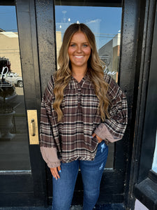 Brown plaid hooded button front top