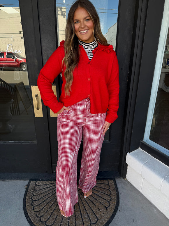 Red ruffle collared sweater