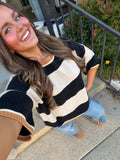 Black striped sweater taupe trimmed