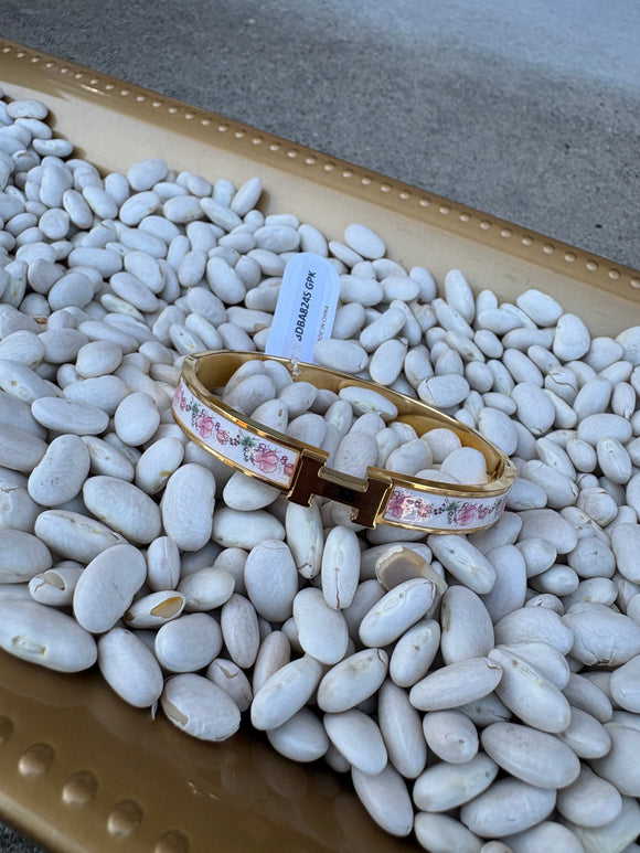 H Stainless Steel Hinged Bangle with Pink and White Details Bracelet