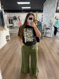 Army green acid wash flared pants