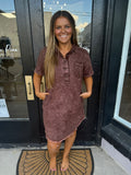 Brown acid wash button down dress