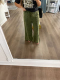 Army green acid wash flared pants