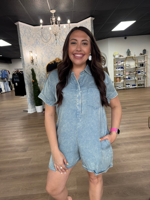 Blue grey button front romper