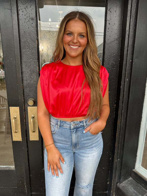 Red satin bubble crop top