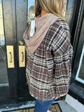 Brown plaid hooded button front top