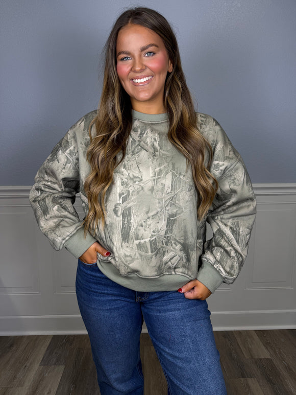 Tree camo Sherpa lined crewneck