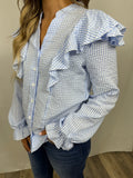 Blue & white gingham ruffle long sleeve