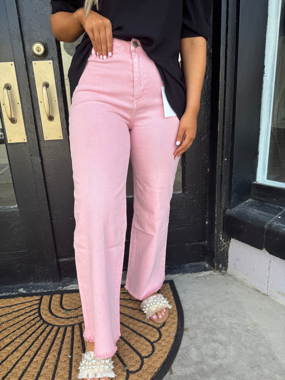 Light pink cropped flare jean