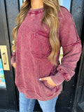 Maroon acid wash front pocket pullover