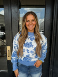 Blue rose floral knit sweater