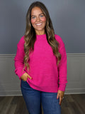 Exposed seam round neck sweater- hot pink