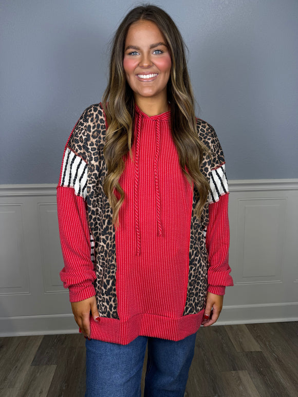 Red multiprint hooded top