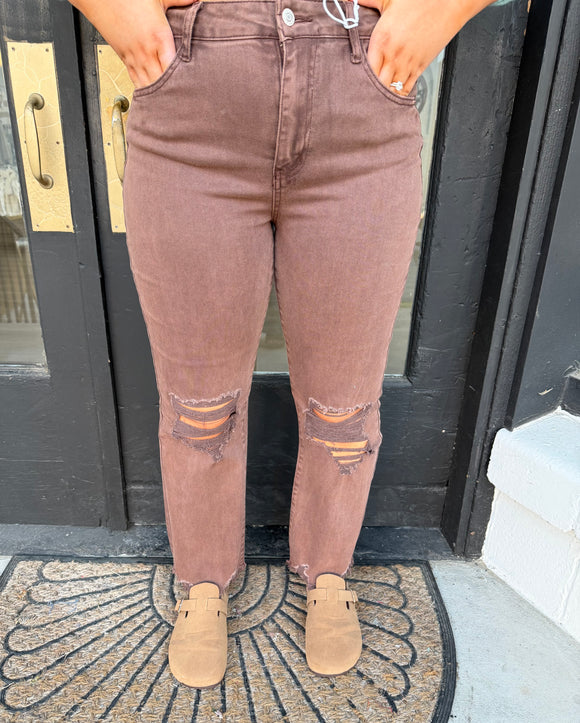 Distressed cropped flares- mahogany