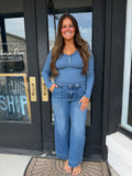 Lace trim Henley- dusty blue