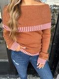 Camel off the shoulder top with pink detail