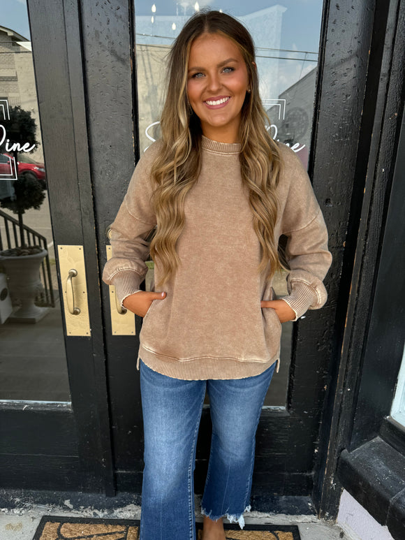 Mocha acid wash pocket sweatshirt