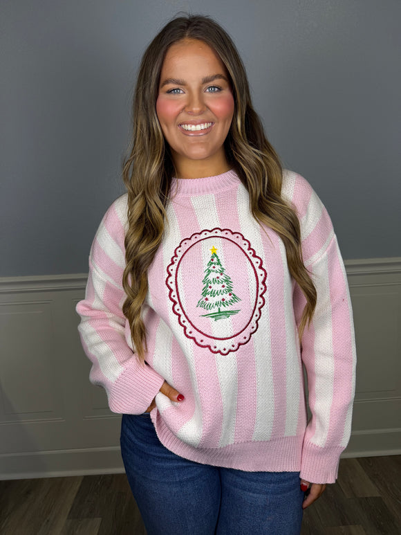 Pink stripe knit tree sweater