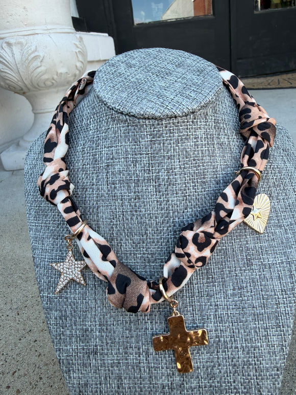 Cheetah Print Scarf Necklace with Heart, Cross, and Star Charms
