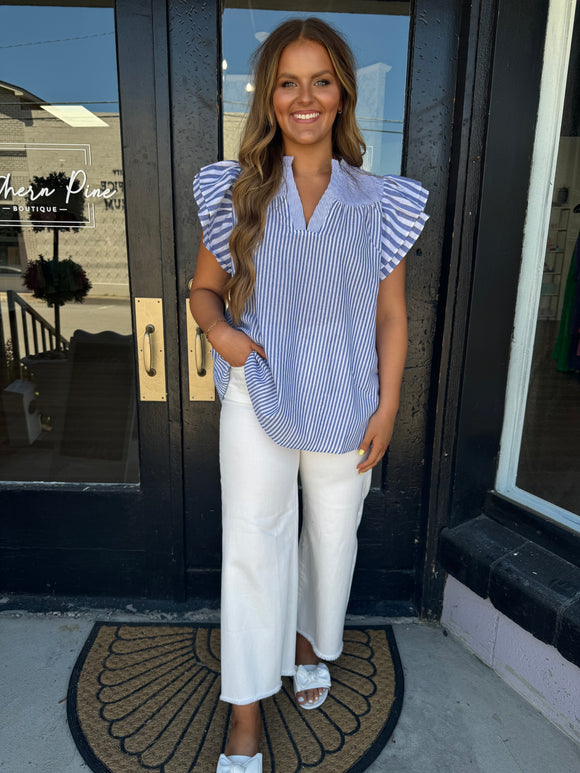 Blue striped ruffle sleeve top