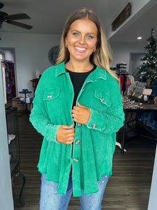 Acid wash waffle shacket- Kelly green