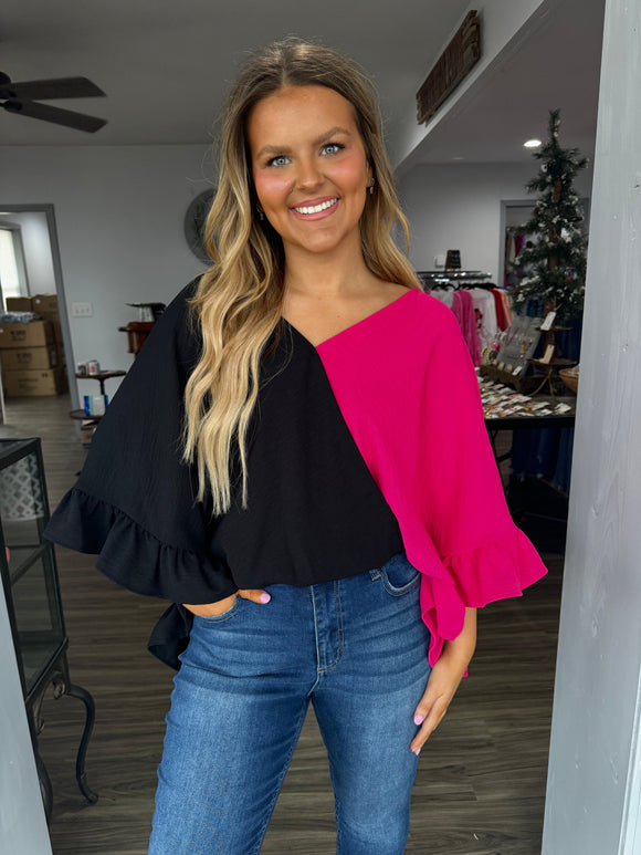 Black & pink color block top