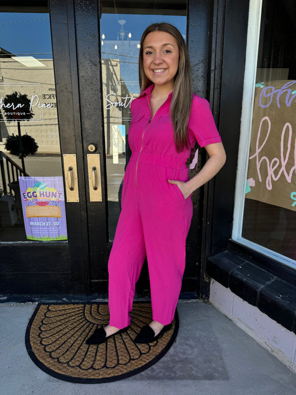 Pink front zip jumpsuit