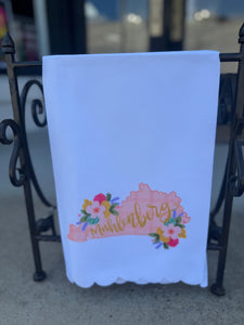 Muhlenberg pink & mustard state scalloped tea towel