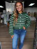 Green & taupe striped collared sweater
