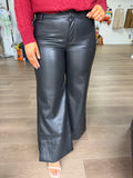Wide leg flare faux leather pants - black
