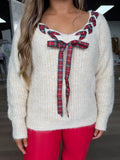 Red plaid braided ribbon v-neck sweater