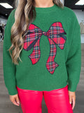Green plaid ribbon bow sweater