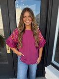 Berry & floral blouse with ruffle sleeves