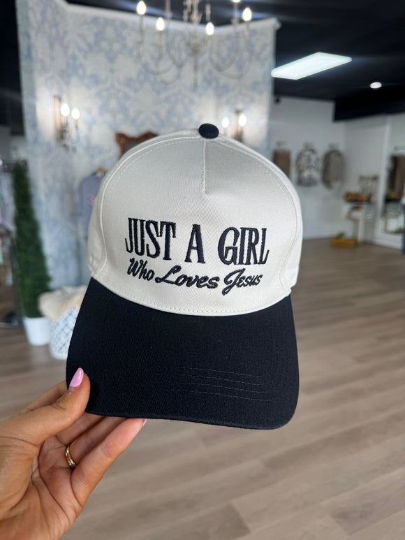 Just a girl who loves Jesus black trucker hat