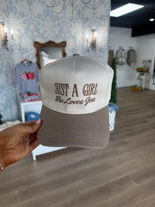 Just a girl who loves Jesus ash mocha trucker hat