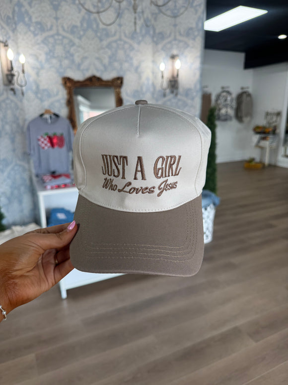 Just a girl who loves Jesus ash mocha trucker hat