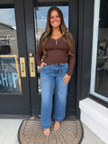 Lace trim Henley- dark brown