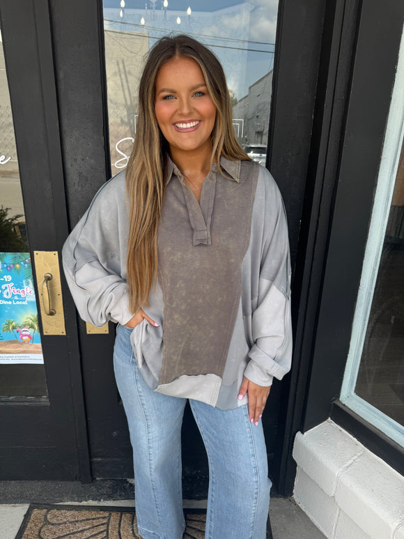 Grey mineral wash color block oversized top