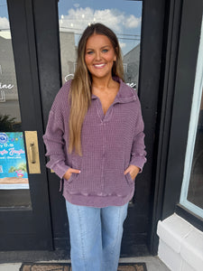 Merlot chunky waffle mineral wash collared sweater