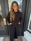 Black ribbed knit hooded sweater set