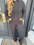 Black ribbed knit hooded sweater set