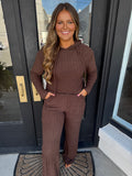 Brown ribbed knit hooded sweater set